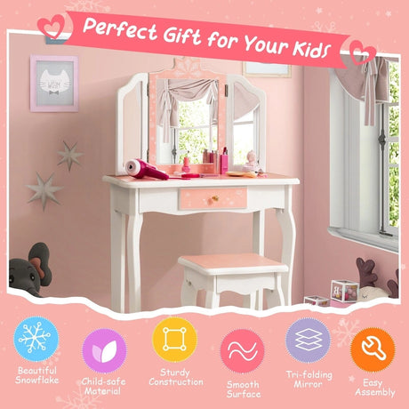 Kids Dressing Table Set with Triple Folding Mirror &amp; Detachable Top Pink