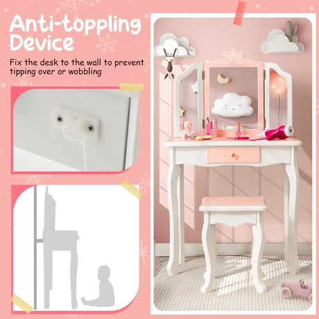 Kids Dressing Table Set with Triple Folding Mirror &amp; Detachable Top Pink