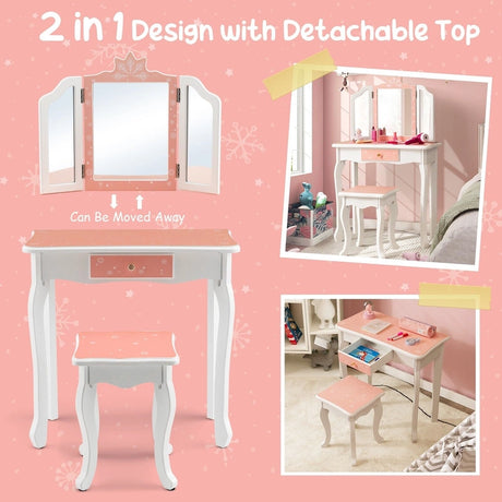 Kids Dressing Table Set with Triple Folding Mirror &amp; Detachable Top Pink