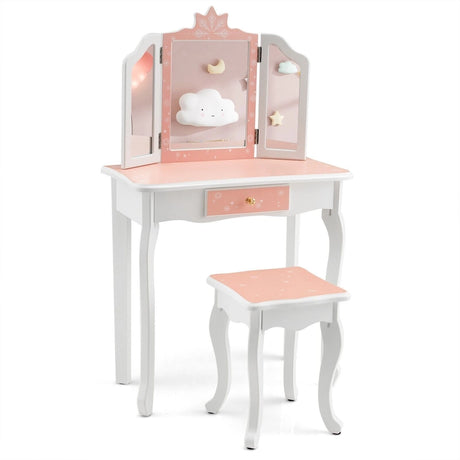 Kids Dressing Table Set with Triple Folding Mirror &amp; Detachable Top Pink