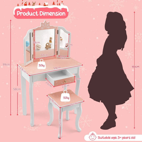 Kids Dressing Table Set with Triple Folding Mirror &amp; Detachable Top Pink