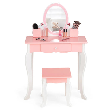 2-in-1 Kids Vanity Table and Stool Set with Mirror-Pink