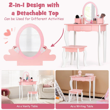 2-in-1 Kids Vanity Table and Stool Set with Mirror-Pink