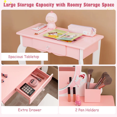 2-in-1 Kids Vanity Table and Stool Set with Mirror-Pink