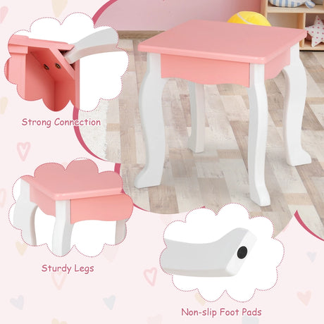 2-in-1 Kids Vanity Table and Stool Set with Mirror-Pink
