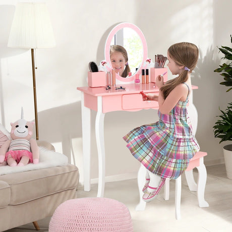 2-in-1 Kids Vanity Table and Stool Set with Mirror-Pink