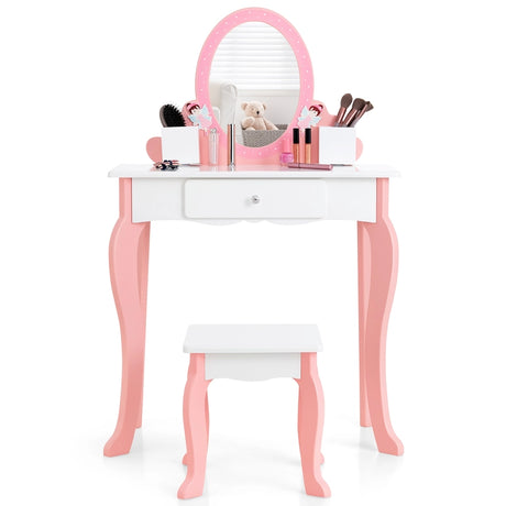 2-in-1 Kids Vanity Table and Stool Set with Mirror-White