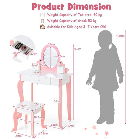 2-in-1 Kids Vanity Table and Stool Set with Mirror-White