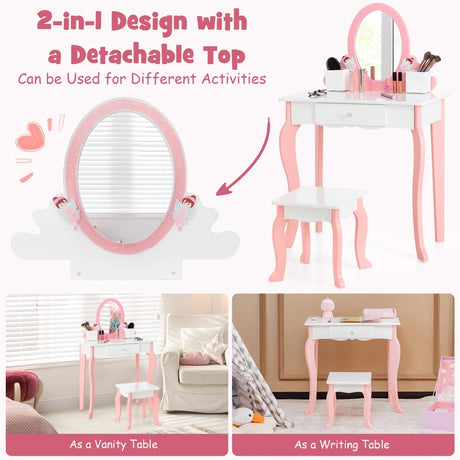 2-in-1 Kids Vanity Table and Stool Set with Mirror-White