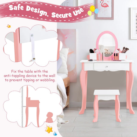 2-in-1 Kids Vanity Table and Stool Set with Mirror-White