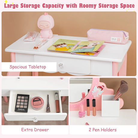 2-in-1 Kids Vanity Table and Stool Set with Mirror-White