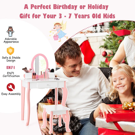 2-in-1 Kids Vanity Table and Stool Set with Mirror-White