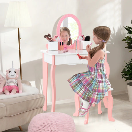 2-in-1 Kids Vanity Table and Stool Set with Mirror-White