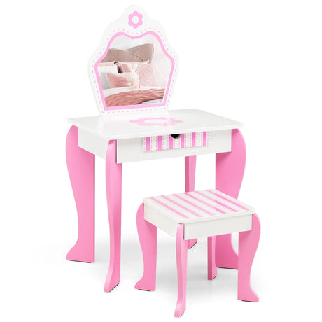 Kids Vanity Table & Stool Set with Mirror & Drawer