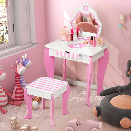Kids Vanity Table & Stool Set with Mirror & Drawer