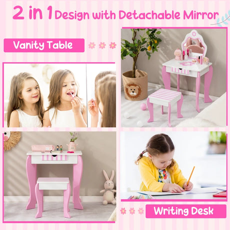 Kids Vanity Table & Stool Set with Mirror & Drawer