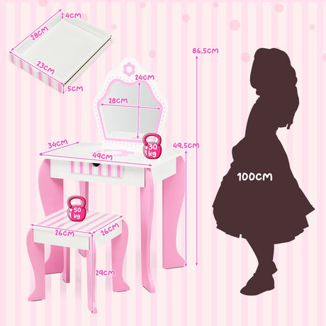Kids Vanity Table & Stool Set with Mirror & Drawer