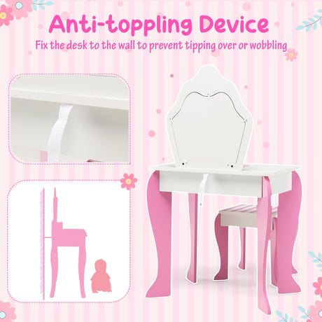 Kids Vanity Table & Stool Set with Mirror & Drawer