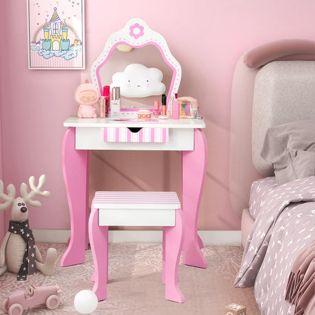 Kids Vanity Table & Stool Set with Mirror & Drawer