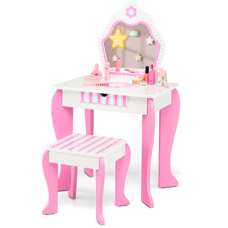 Kids Vanity Table & Stool Set with Mirror & Drawer