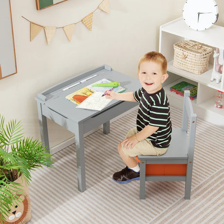 Wood Activity Kids Table and Chair Set with Storage Space-Gray
