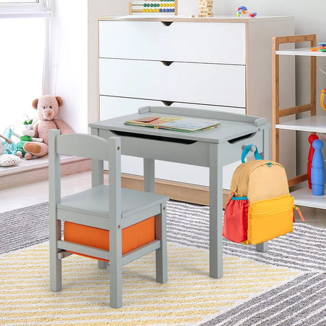 Wood Activity Kids Table and Chair Set with Storage Space-Gray