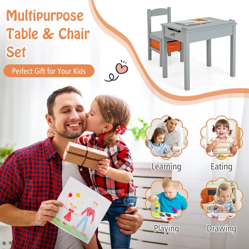 Wood Activity Kids Table and Chair Set with Storage Space-Gray
