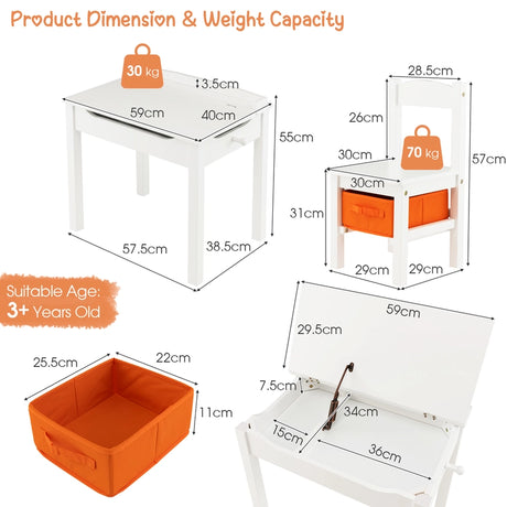 Wood Activity Kids Table and Chair Set with Storage Space-White