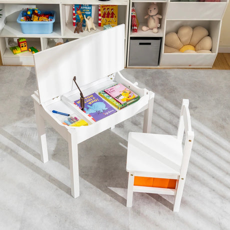 Wood Activity Kids Table and Chair Set with Storage Space-White