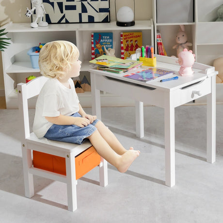Wood Activity Kids Table and Chair Set with Storage Space-White