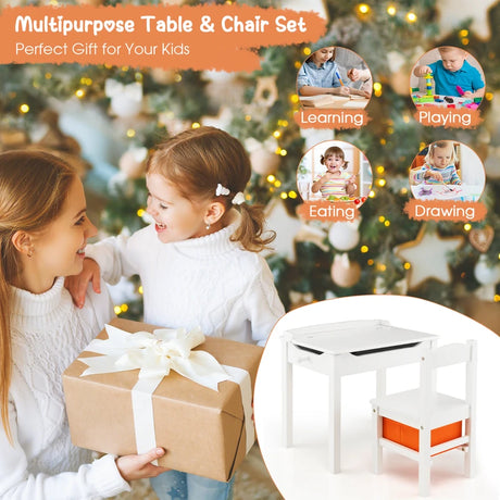 Wood Activity Kids Table and Chair Set with Storage Space-White