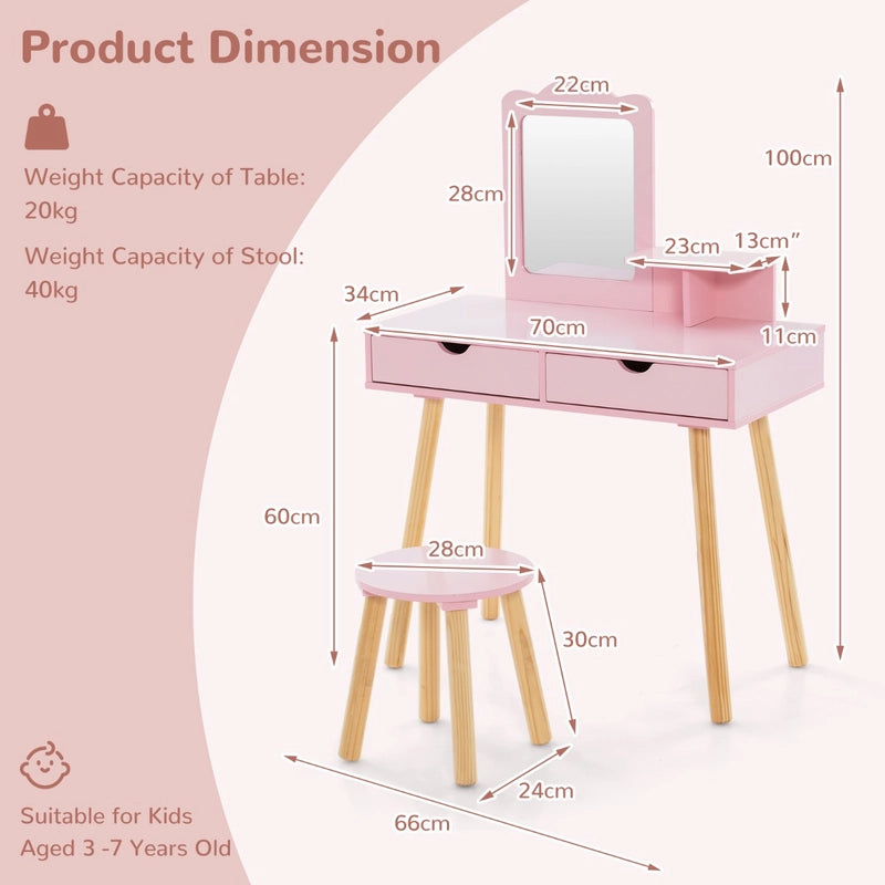 Kids Vanity Table and Stool Set with Square Mirror and Storage Shelf-Pink