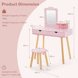 Kids Vanity Table and Stool Set with Square Mirror and Storage Shelf-Pink