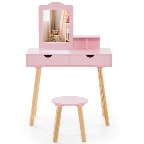 Kids Vanity Table and Stool Set with Square Mirror and Storage Shelf-Pink