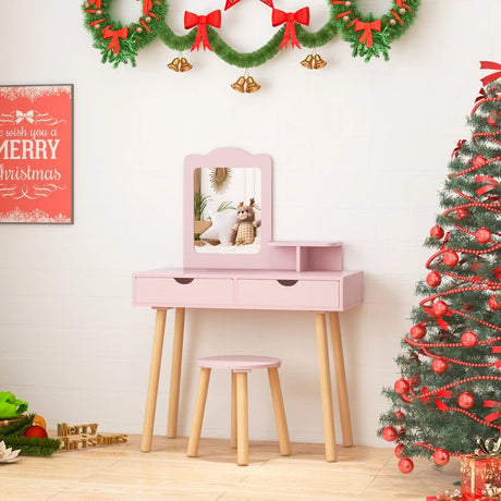 Kids Vanity Table and Stool Set with Square Mirror and Storage Shelf-Pink