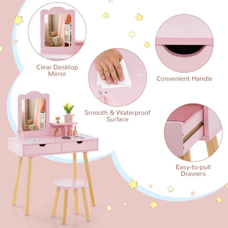 Kids Vanity Table and Stool Set with Square Mirror and Storage Shelf-Pink