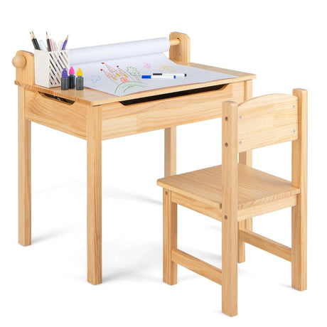 Toddler Multifunctional Activity Table and Chair Set with Paper Roll Holder-Natural