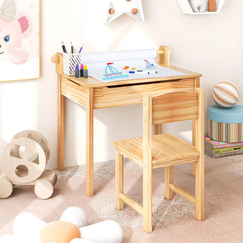Toddler Multifunctional Activity Table and Chair Set with Paper Roll Holder-Natural