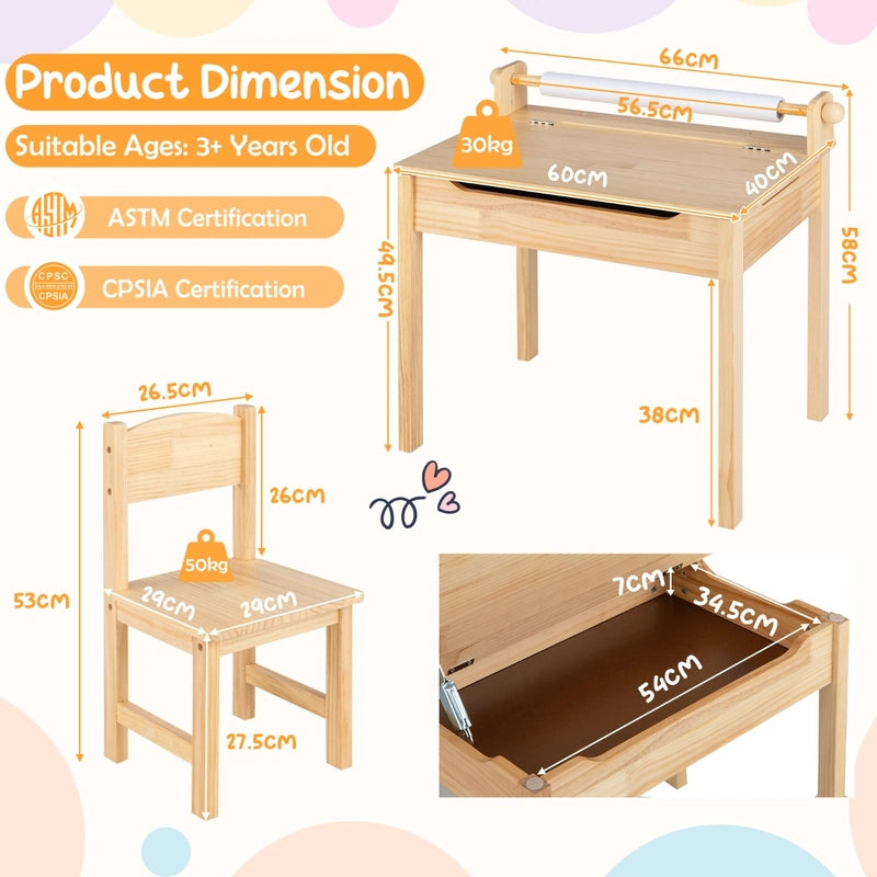 Toddler Multifunctional Activity Table and Chair Set with Paper Roll Holder-Natural