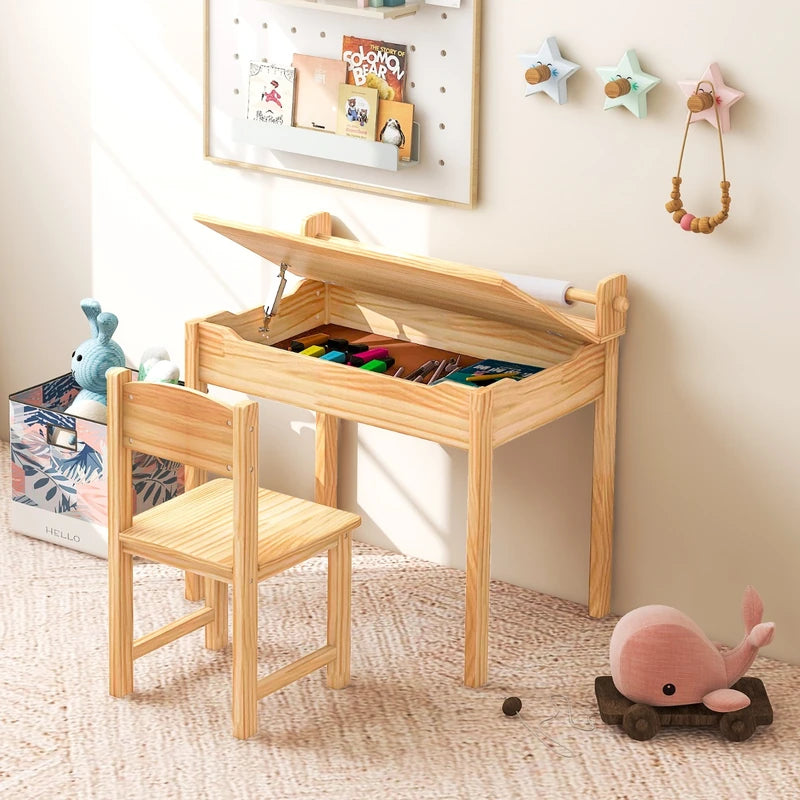 Toddler Multifunctional Activity Table and Chair Set with Paper Roll Holder-Natural