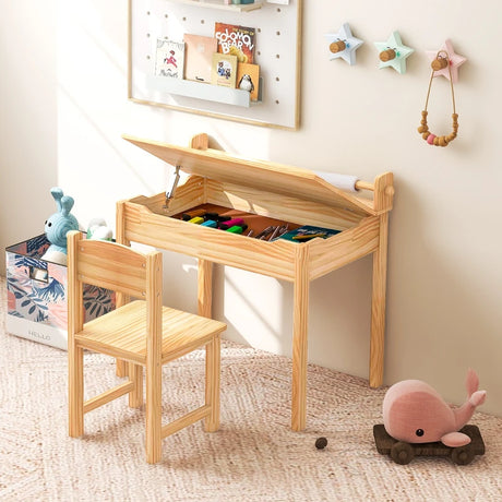 Toddler Multifunctional Activity Table and Chair Set with Paper Roll Holder-Natural