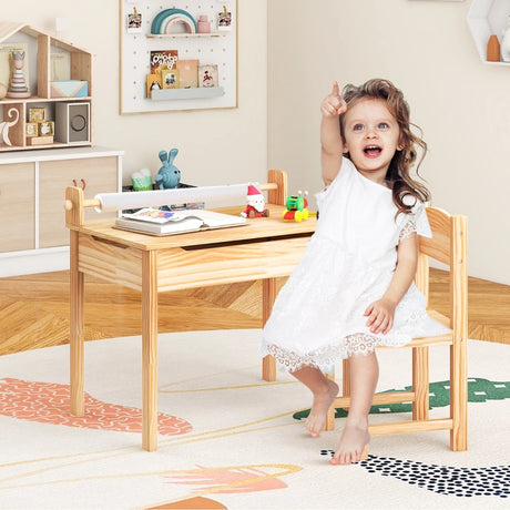 Toddler Multifunctional Activity Table and Chair Set with Paper Roll Holder-Natural