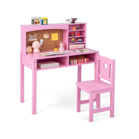 Kids Desk and Chair Set with Hutch and Bulletin Board for 3+ Kids-Pink