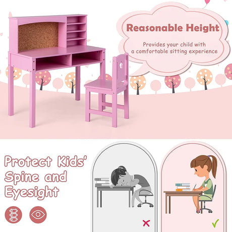 Kids Desk and Chair Set with Hutch and Bulletin Board for 3+ Kids-Pink