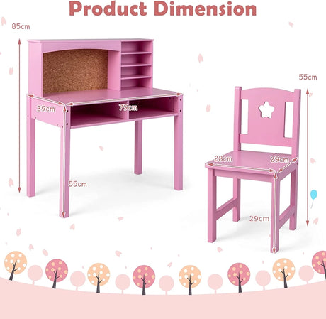 Kids Desk and Chair Set with Hutch and Bulletin Board for 3+ Kids-Pink