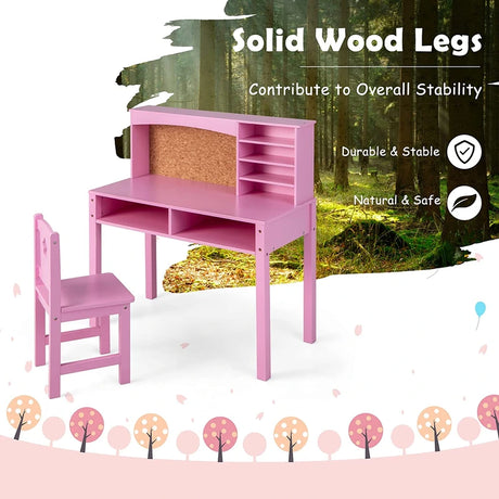 Kids Desk and Chair Set with Hutch and Bulletin Board for 3+ Kids-Pink