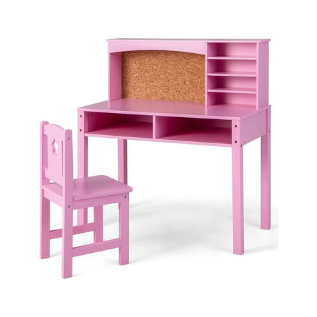 Kids Desk and Chair Set with Hutch and Bulletin Board for 3+ Kids-Pink