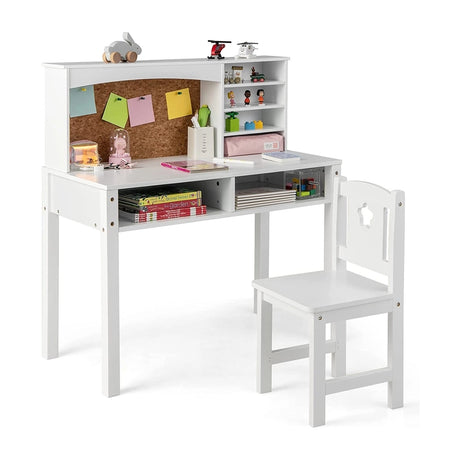 Kids Desk and Chair Set with Hutch and Bulletin Board for 3+ Kids-White