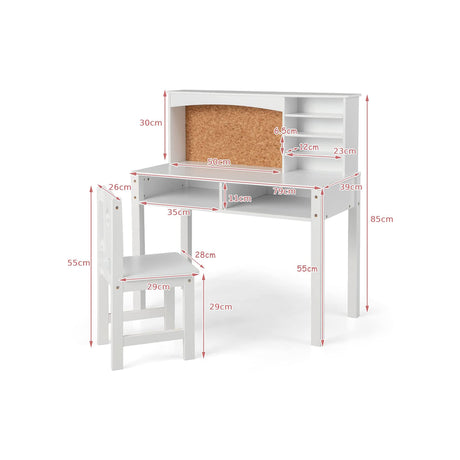 Kids Desk and Chair Set with Hutch and Bulletin Board for 3+ Kids-White