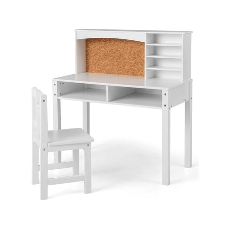 Kids Desk and Chair Set with Hutch and Bulletin Board for 3+ Kids-White